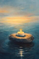 Wall Mural - A small candle is lit on a rock in the water, creating a serene and peaceful atmosphere. The reflection of the candle on the water adds to the calming effect of the scene