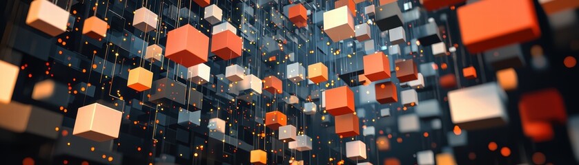 Wall Mural - A dynamic arrangement of colorful cubes floating in a digital space, creating a vibrant, abstract visual effect, Futuristic passageway with AI elements