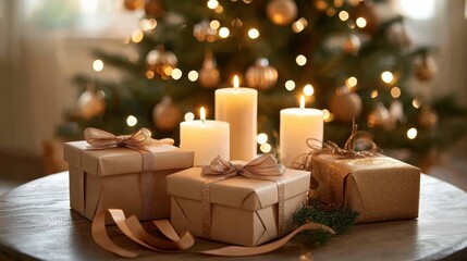 Aufkleber - Gift boxes with ribbons and candles create a warm atmosphere near a decorated Christmas tree in a cozy living room setting. Generative AI