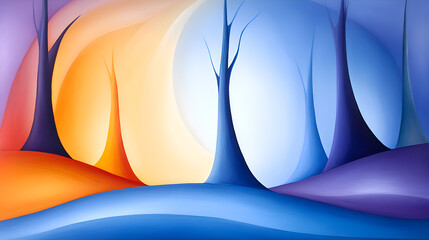 Aufkleber - A whimsical, abstract landscape featuring stylized trees and colorful hills blending in shades of orange, blue, and purple.