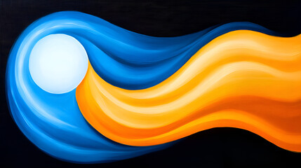 Aufkleber - An abstract painting featuring flowing blue and orange waves with a central white circle against a dark background.