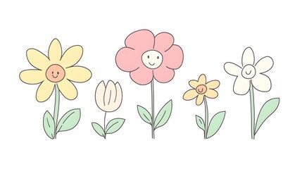 Wall Mural - Happy Smiling Flowers in Pastel Colors Bloom