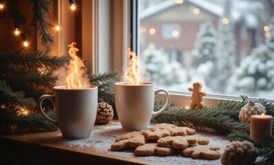 Wall Mural - Warm mugs with flames in winter setting