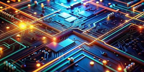Poster - Futuristic Circuit Board Glowing Lines Nodes Abstract Tech Background Wallpaper