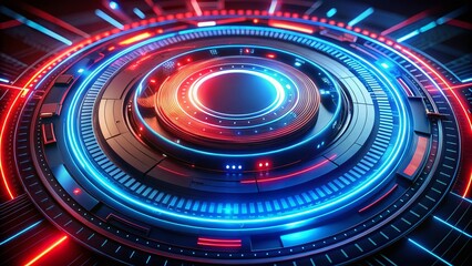Poster - Futuristic Glowing Circular UI: Red Blue Tech Interface Design, Modern Digital Sci-Fi Background
