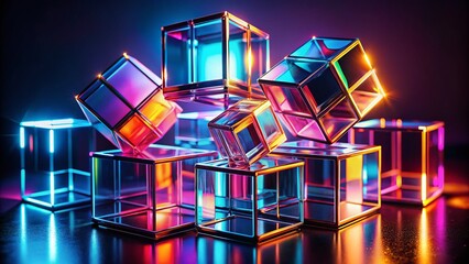 Poster - Futuristic Neon Cubes Silhouette: Metallic Cube Set, Abstract Sci-Fi Background