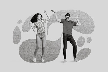 Wall Mural - Collage illustration of two black white colors people enjoy have good mood dancing isolated on creative background