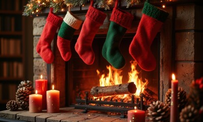 Wall Mural - Festive fireplace with colorful stockings