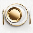 © Zei - Minimalist Golden Plate With Smooth Finish, featuring a sleek and reflective surface, ideal for modern and elegant dining settings. Isolated on transparent background, png.