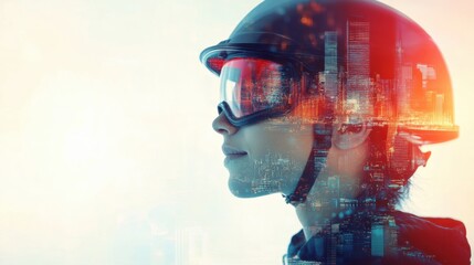 Aufkleber - Profile of a helmeted person in goggles with an abstract city backdrop highlighting innovation and safety. Generative AI