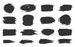 © VasiliyArt - Black ink brush strokes set. Various shapes grunge rectangles circles irregular forms. Rough paint edges textured surfaces uneven patterns bold smears. Dynamic lines messy smudges sharp raw details