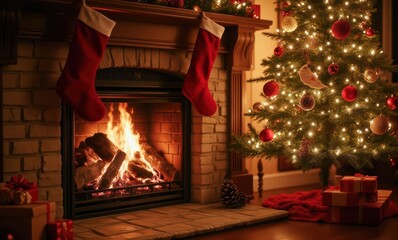 Wall Mural - Cozy Christmas scene with fireplace and tree