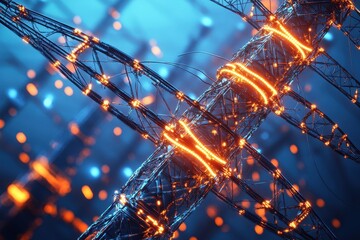 Leinwandbilder - High-tech abstract representation of glowing wires and circuits illuminated in a blue environment