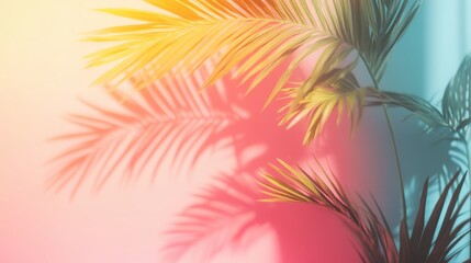 Poster - Palm leaves create colorful shadows on a pastel gradient wall, evoking a tropical and serene atmosphere.