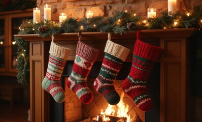 Wall Mural - Colorful knitted stockings on a mantel