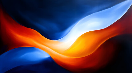 Poster - An abstract painting featuring flowing waves of blue, orange, and white against a dark background.