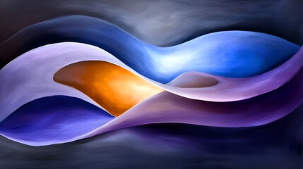 Aufkleber - An abstract illustration of flowing shapes in vibrant hues of blue, orange, and purple against a dark background.