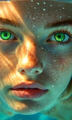 Wall Mural - A close-up of a face submerged in water with vibrant reflections.