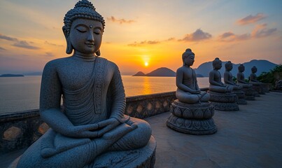 Wall Mural - Serene Buddha statues at sunset overlooking tranquil ocean.