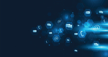 Leinwandbilder - Contact us or the Customer support hotline connect concept. call center service provider, advice to customer help, and support services are digital on dark blue background.	