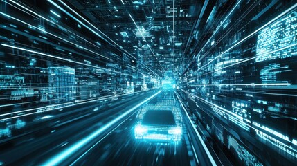 Poster - Futuristic Urban Infrastructure Concept with Digital Elements and Moving Vehicle in High-Tech Environment