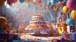 © Thirakun - Whimsical birthday scene with a large cake on a festive table surrounded by joyful gifts Birthday pictures without letters