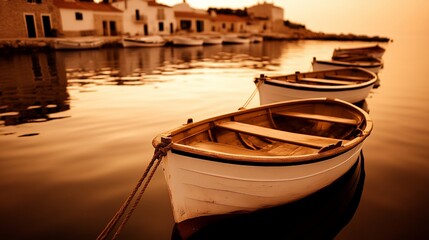 Wall Mural - Calm sunset over harbor with rowboats.