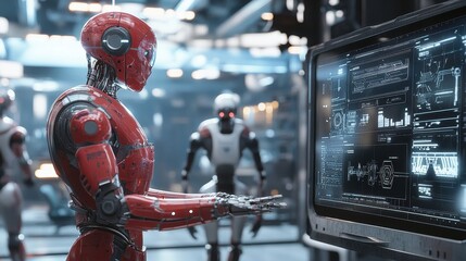 Poster - Futuristic AI Robot Interacting with Digital Display in Modern Workplace Environment