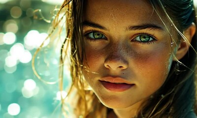 Wall Mural - Close-up portrait of a girl with striking green eyes and wet hair.