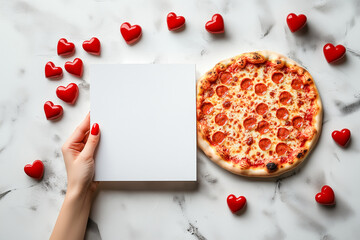 Top view of a woman's hand with a red manicure, which holds a white mock-up menu sheet. Next to it is a round pizza and red hearts.