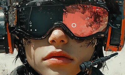 Wall Mural - Futuristic portrait of a person wearing high-tech goggles.