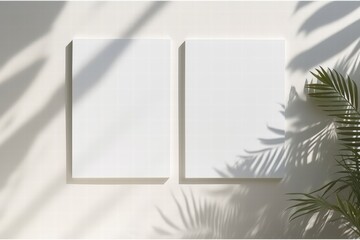 Empty Vertical Sheets Displaying Unique Texture with Natural Shadows from Tropical Plants on Light Background