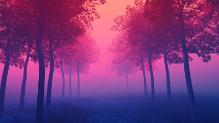 Poster - A mystical forest scene with tall trees and vivid pink and purple colors, evoking a dreamlike and surreal ambiance.