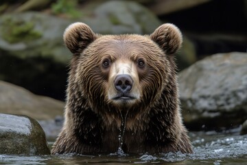 Wall Mural - brown bear relaxing in river, looking at camera
