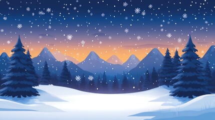 Poster - Snow falling on pine trees and mountains at sunset winter wonderland