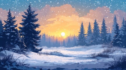 Poster - Snow falling on pine trees during golden hour sunset in winter wonderland