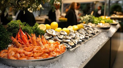 Poster - Fresh seafood buffet displaying shrimp, lobster, oysters and lemon