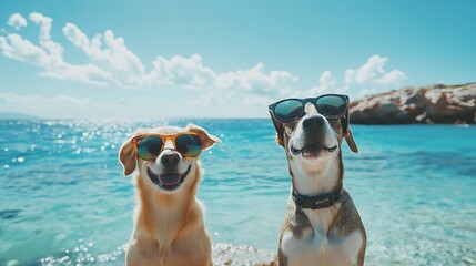 two happy dogs wearing stylish sunglasses sitting by a clear blue sea under the bright sun