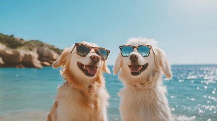 two happy dogs wearing stylish sunglasses sitting by a clear blue sea under the bright sun
