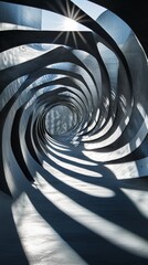 Poster - Sunlight creates dynamic shadows in a modern spiral tunnel with curved metal surfaces, showcasing innovative architectural design.