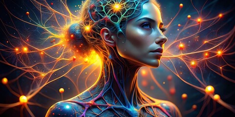 Poster - Imaginary Woman's Nervous System, Neural Network, AI Generated, Cellular Biology, Neuroscience Art, Microscopic Anatomy, Abstract Body, Generative Art, Digital Painting
