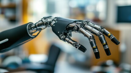 Aufkleber - Prosthetic arm demonstrating dexterity and functionality in a modern workspace environment. Generative AI