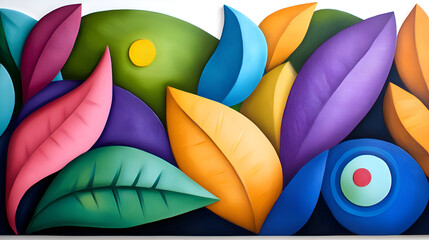 Aufkleber - A vibrant and colorful abstract design featuring stylized leaves and shapes in various hues.