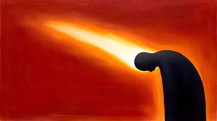Aufkleber - A dynamic abstract painting featuring a black object emitting light against a warm red background.