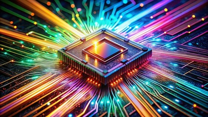 Poster - Iridescent Microchip: Long Exposure Photography, Circuit Board, Nanotechnology, Electronic, Technology, Abstract, Futuristic, Glow, Light Trails, Closeup, Detail