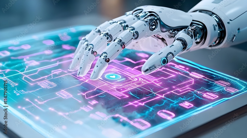 robotic hand interacting with futuristic interface - ai and robotics ...