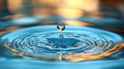 Poster - Realistic Clear Water Drop Creating Circular Waves on Surface with Beautiful Reflections in Calm Pool During Sunset or Sunrise