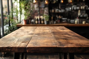 Poster - Empty wooden table in front of blurred restaurant background