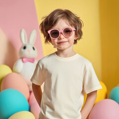 Wall Mural - Easter t-shirt mock up kids. Little boy model in sunglasses wearing natural shirt, standing in colorful Easter holiday decorated nursery interior. Children's short sleeve tshirt. Blank crewneck tee 