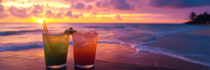 Poster - Tropical beach at sunset with colorful cocktails invites relaxation and enjoyment by the sea. Generative AI